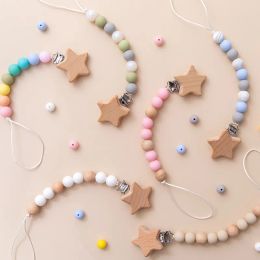 1pc Baby Pacifier Chain Star Wood Clips Dummy Pacifier Clips Silicone Beads Nursing Teething Gift for Newborn Baby Boy Girl
