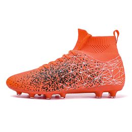 Youth Men's High Top Football Boots Cleats Anti Slip AG TF Soccer Shoes Orange White Blue