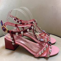 2024 women Ladies Genuine patent sandals dress shoes 6CM Med chuckly high heels peep-toe wedding party print buckle T-Strap diamond Bohemia 3D mix colours size 35-43