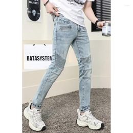 Men's Jeans Motorcycle Retro Light Blue Fashion Clothing Street Cool Pleated Slim Fit Patchwork Tappered Pants