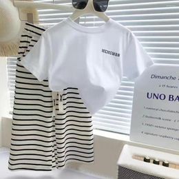 Clothing Sets Girls Summer Letters White T-shirt And Strips Pants 2 Pcs Suits 1-7 Years Kids Clothes Outfits