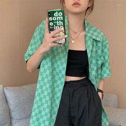 Women's Blouses 2024 Fashion Plaid Shirts Ladies Turn-down Collar Tops Summer Streetwear Buttons Clothing Trend Short Sleeve