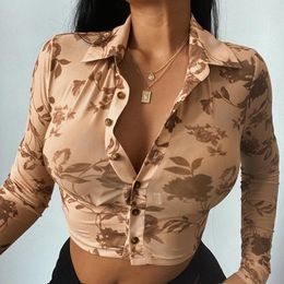 Women's Polos Y2k Female Turn-Down Collar Printed See-Through Cut Out Front Buttoned Long-Sleeve Shirt Top Women Crop Vintage Clothes