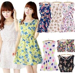 Women Summer Dress Casual Slim Floral Print Chiffon Short Beach Mini Dress Tops 0RK81872408