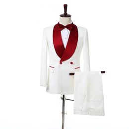 Custom Slim Fit Men Suits 2022 Wedding Tuxedos Groom Prom Wear Red Shawl Lapel Man BlazerJacket Pants 3015