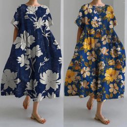 Casual Dresses Loose Printing Floral Dress Women's Fashion O-Neck Short Sleeve Oversize Beach Sundress Elegant Holiday Vestidos