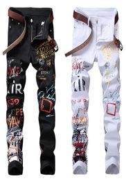 high street fashion mens jeans night club black white Colour personal designer printed jeans men punk pants skinny hip hop jeans3557947