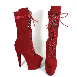 Boots 2024 Women Mid-calf Fashion Red Thin Heel High Platform Suede Shoes Round Toe Slingback Sexy Wedding Lace Up