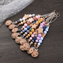 Pacifier Clips Wood Pentagram Teether Silicone Round Beads Teething Chain For Baby Care Soother Chew Toys Shower Gift L2405