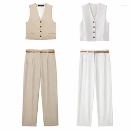 Women's Two Piece Pants Suit 2024 Spring Summer Linen-Blend Set For Women Casuals Chic Ladies Vest Straight Leg