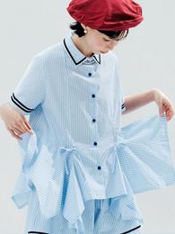 Women's Blouses Imakokoni 2024 Summer Original Design Pure Cotton Printed Striped Lapel Short-sleeved Shirt For Women 244603