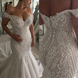 2019 luxury Off The Shoulder Beaded Mermaid Wedding Dresses Tulle Crystals Stones Sweep Train Wedding Bridal Gowns With Buttons Back 241S