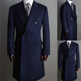 Formal Navy Men Suits Thick Wool Custom Made Double Breasted Tuxedos Peaked Lapel Blazer Business Long Coat 275e