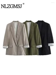 Women's Suits Nlzgmsj Women Fashion Cuff Linen Open Blazer Coat Vintage Long Sleeve Pockets Female Outerwear Chic Tops