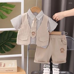 Clothing Sets Toddler Summer 1st Birthday Boy Outfit 2024 Korean Style Striped Turn-down Collar Short Sleeve Shirts Shorts Boys Clothes