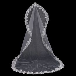 2015 Hot Selling Bridal Wedding Veils One Layer 3m White Ivory Bridal Veils with Lace Appliques Tulle Wedding Veil 191D