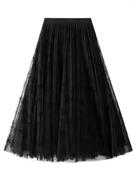 Skirts Faorycore Women's Elegant Midi Tulle Skirt Floral Print Elastic Waist Sweet Layered A-Line Pleated Mesh