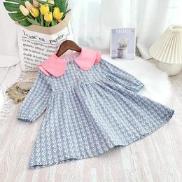 Girl Dresses Cute Floral Princess Dress Early Spring Fashion Pink Ruffles Turn-down Collar Patchwork Blue Long Sleeve A-line Girls 2-6Y