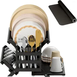 Kitchen Storage Black Bamboo Dish Drying Rack With Utensil Holder 3 Tier Collapsible Wooden Racks For Counter