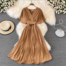 Basic Casual Dresses Sexy Pastel Sundresses Zipper Yellow Dress For Women V Neck Maxi Boho Robe Midi Short Slve Black Casual Vestido De Mujer Y240524