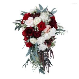 Decorative Flowers Y5LE Wedding Bridal Bouquet Waterfall Shape Cascading Artificial White Wine Red Rose Rustic Vintage Bridesmaid Holding