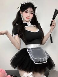 Casual Dresses Chinese Style Girl Cheongsam Maid Uniform Dress Sexy Cosy Hollow Out Perspective Yarn Black Ball Gown 2S7