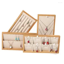 Jewellery Pouches 4Pcs Beige Natural Bamboo Wood Necklace Bracelet Ring Stand Earring Storage Tray Display Props