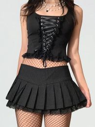 Skirts Women Stripe Mini Pleated Skirt Low Waist Lace Hem Short Korean Fashion Aesthetic Y2K Gothic Clubwear