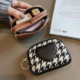 Purse Houndstooth Short Style Canvas Zipper Double Layer Wallet Korean Fashion Coin Purse Car Key Bank Card Bag Small Makeup Bag Y240524