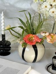Vases Simple European Vase Black Stripe Ball Retro Living Room Office Desktop Glass Girl Flower Pot Home Decoration Nordic