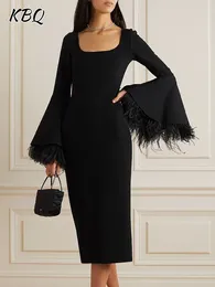 Casual Dresses KBQ-Elegant Solid For Women Round Neck Flare Sleeve High Waist Spliced Feather Slimming Dress Female Fashion Clothes