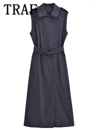 Casual Dresses 2024 Pinstripe Long For Women With Belt Midi Dress Woman Autumn Winter Sleeveless Women's Elegant Party