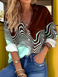 Women's Blouse 3D Striped Casual Holiday Blue Pink Print Elegant Long Sleeve Shirt 2024 Spring & Fall Female clothing Tops