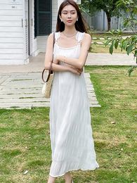 Casual Dresses Summer White Pleated Chic Ruffled Sling Sexy Long Dress Women Features Of Beach 2024 Korean Elegant Party Night