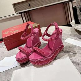 Women Sandals Shoes Size35-43 Leather Genuine Rivet Wedges Espadrilles Super High Heels Summer Designer Zapatillas a33