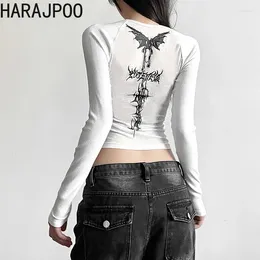 Women's T Shirts Harajpoo Fashion American Subculture Punk Angel Printed Long Sleeved T-shirt Women Spring 2024 Spicy Girl Short Slim Bottom