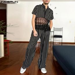 Men Sets Lace Striped Patchwork V Neck Short Sleeve Shirt Pants Two Pieces Streetwear Transparent Suits INCERUN 240518