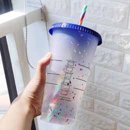 Mugs 360/700ML Flash Powder Water Bottle With Straws Lid Plastic Reusable Personalised Drinkware Coffee Drinking Cup Christmas Gifts