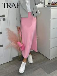 Skirts 2024 Elegant Woman Casual A Line Chic Draped Fold Slim Party Skirt Women Solid Pink High Waist Long Streetwear
