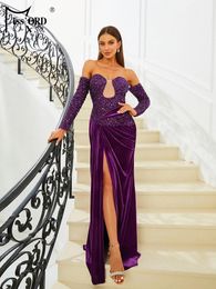 Casual Dresses Missord 2024 Purple Velvet Prom Dress Women Off Shoulder Long Sleeve Sequin Thigh Split A-line Party Evening Female Gown