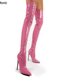 Rontic New Fashion Women Spring Thigh Boots Patent Side Zipper Stiletto Heels Pointed Toe Pretty Pink Party Shoes US Size 5155562518