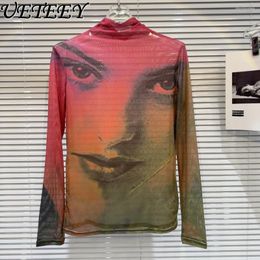 Women's T Shirts 2024 Spring Niche Mesh Printing Heap Collar Long Sleeve Bottoming T-shirt Women Top Y2k Nightclub Stretch Slim Shirt