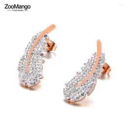 Stud Earrings ZooMango Vintage Feather Stainless Steel Rose Gold Colour Handmade Clay White Crystal Ear Jewellery For Women ZE20241