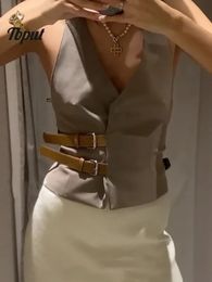 Spring Chic Leather Button Halter Vest For Ladies Sexy Backless Sleeveless Slim Women Vintage High Street Tank Top 240523