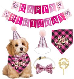 Dog Apparel Pet Happy Birthday Banner Hat Crown Bowtie Cake Topper Bandana Neckerchief Party Decor Supplies3369379