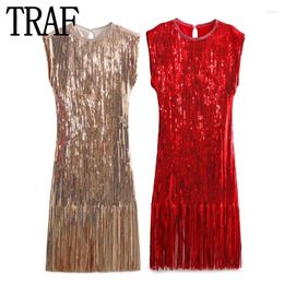 Casual Dresses Fringing Sequin Dress Woman Gold Red Glitter Short For Women Sleeveless Sexy Bodycon Evening Party