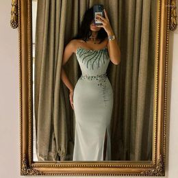 Party Dresses Dubai Satin Crystal Dress Beaded Beading Rhinestone Mermaid Prom Gown Sheath Split Formal Women Sleeveless Evening