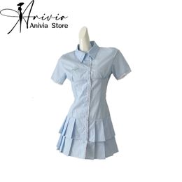 Women Blue A-line Pleated Dress Vintage 90s Elegant Polo-Neck Short Sleeve Mini Dresses Y2k One Piece Frocks 2000s Clothes 240524