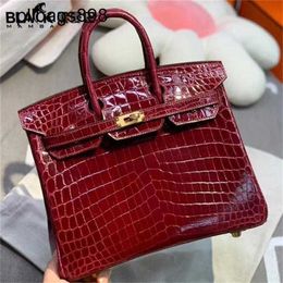 Bk Handbag Crocodile Leather 7a Handmade Cowhide Togo Splicing Bag Black high gloss Bordeaux wine red 25CM lady high-endqq