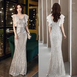 Party Dresses Evening Dress Champagne Sequins V-Neck Ruffles Short Sleeves Mermaid Zipper Back Floor-Length Plus Size Women Formal Gown